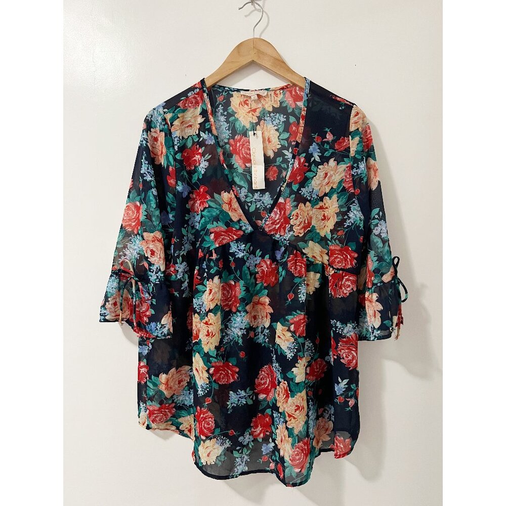 Claudia Richard Navy Floral Lightweight Sheer‎ Oversized Blouse Size Medium